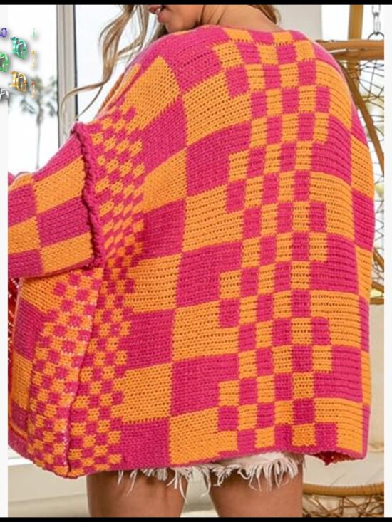 Vintage Plaid Cardigan Sweater Chunky Knit Oversized Boyfriend Style Open Front - Picture 2 of 7